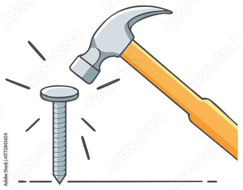 Hammer striking a nail, illustration of construction and DIY work