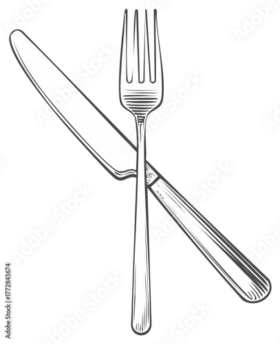 A hand drawn fork and knife crossed over each other with a shadow in a sketch style