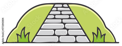 Cartoon illustration of a stone path leading through a green hill and vegetation