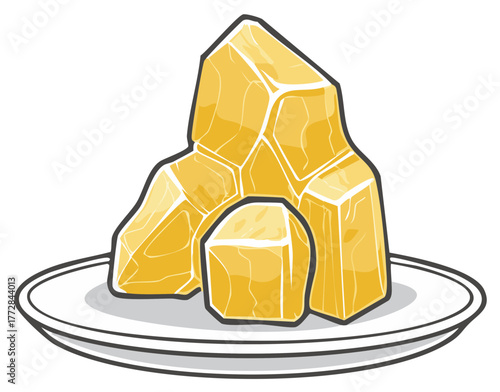 Pieces of hard cheese on a white plate, isolated cartoon illustration vector of food element