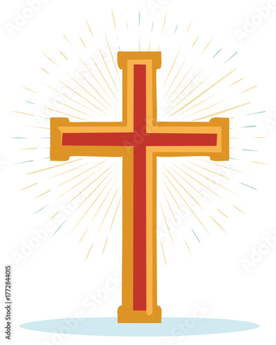 Golden Red Cross with Radiant Sunburst Effect