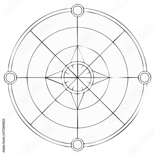 Abstract Geometric Compass Rose Diagram Line Art with Concentric Circles and Target Elements