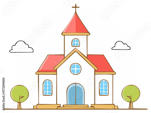 Illustration of a Cartoon Church with Cross and Trees