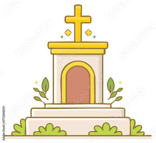 Holy Christian altar with cross and foliage illustration