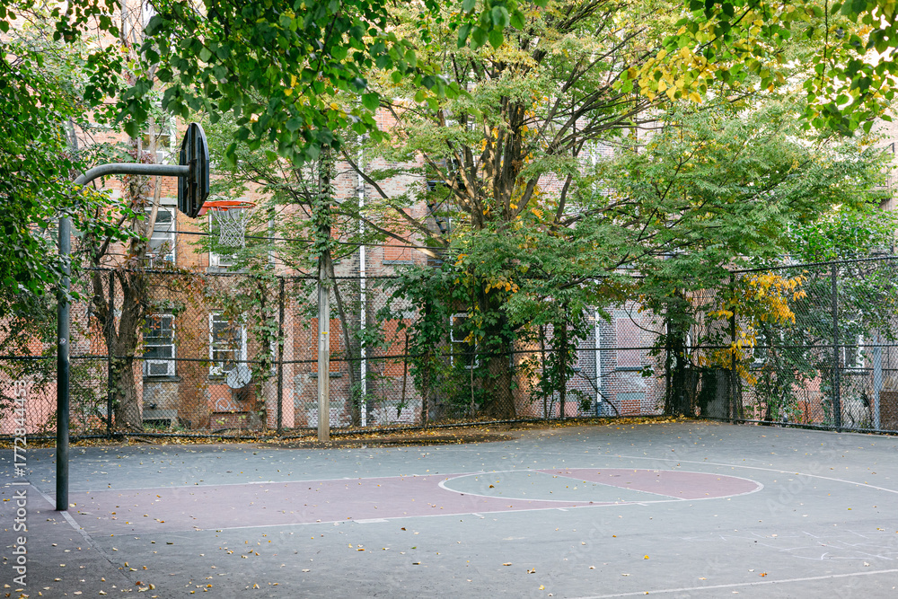 Naklejka premium Basketball court surrounded by trees in an urban neighborhood during autumn