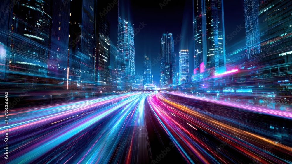 Fototapeta premium Bright city lights twinkle against a backdrop of tall buildings as light trails from cars create dynamic movement.