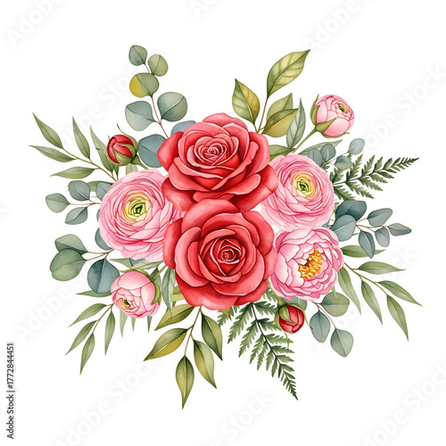 Watercolor floral bouquet with red roses isolated on transparent background , ai generated image