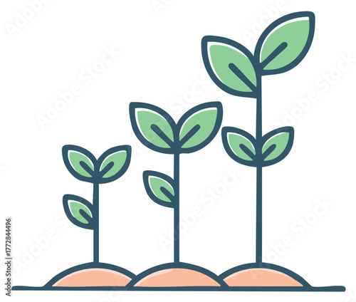 Three green sprouts growing from small to large demonstrating plant development stages