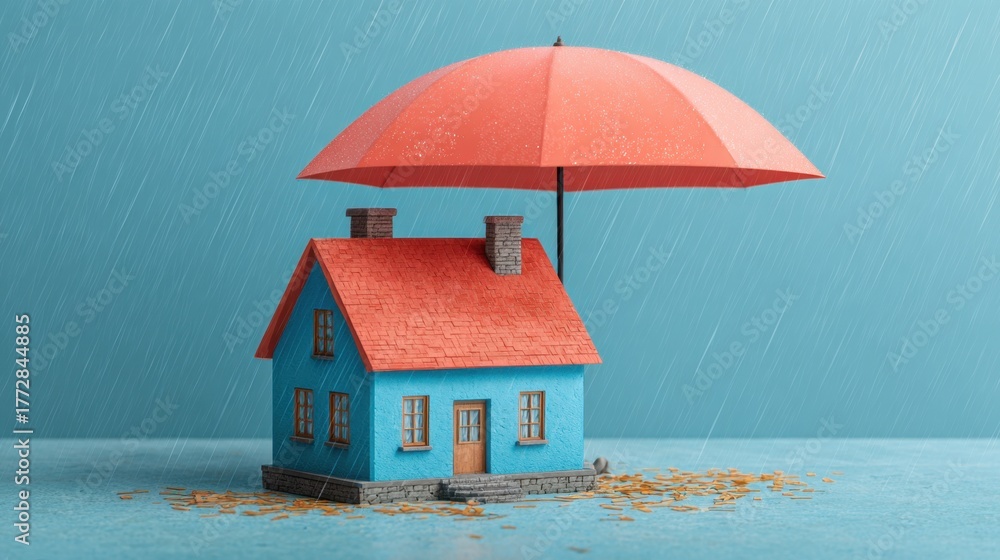 Fototapeta premium A small blue house sits under a bright red umbrella while rain falls around it.