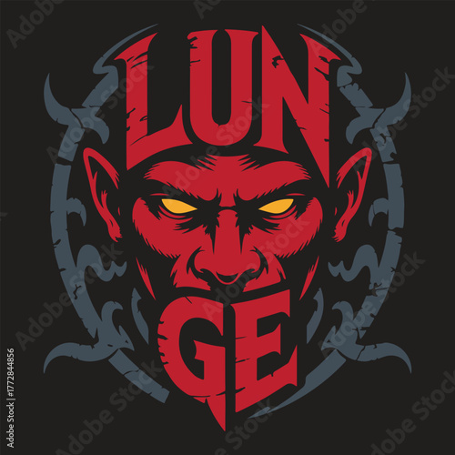 Red devil mask vector illustration for a scary Halloween design, featuring a black and red skull face with fire and horror art elements