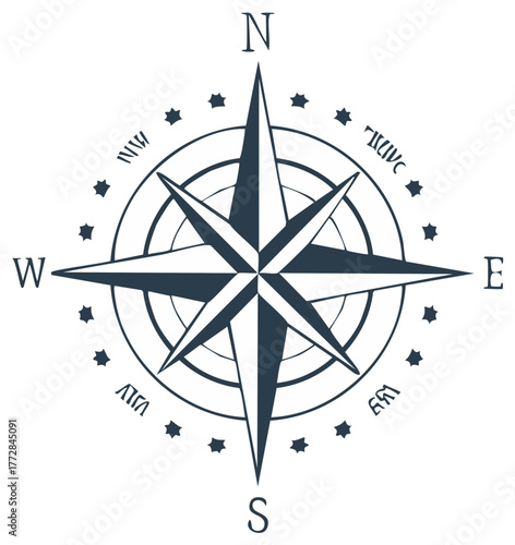 Classic compass rose with cardinal directions and nautical stars for navigation and adventure