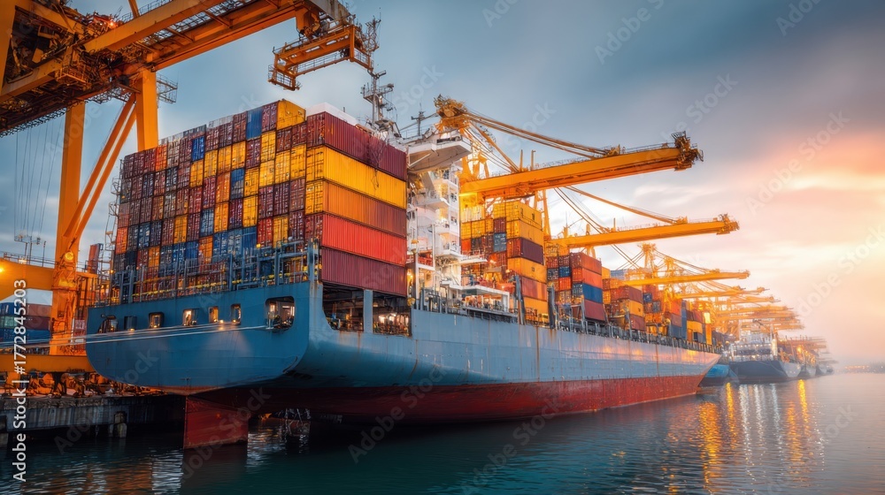 Fototapeta premium Large cargo ship docked at the port surrounded by towering cranes and stacked containers under a vibrant sky.
