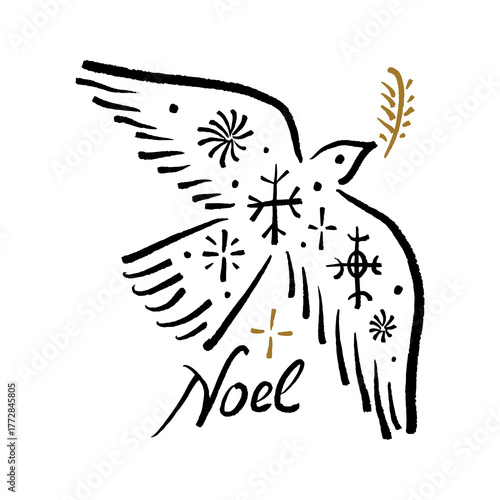 Boho lineal minimalist hand-drawn Christmas dove bird with Noel lettering sweet cartoon nursery cute baby style print on white background, fairy tale editable file for kids, t-shirts and wear, posters