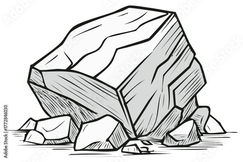 Hand drawn illustration of a large natural rock boulder with smaller stones at its base