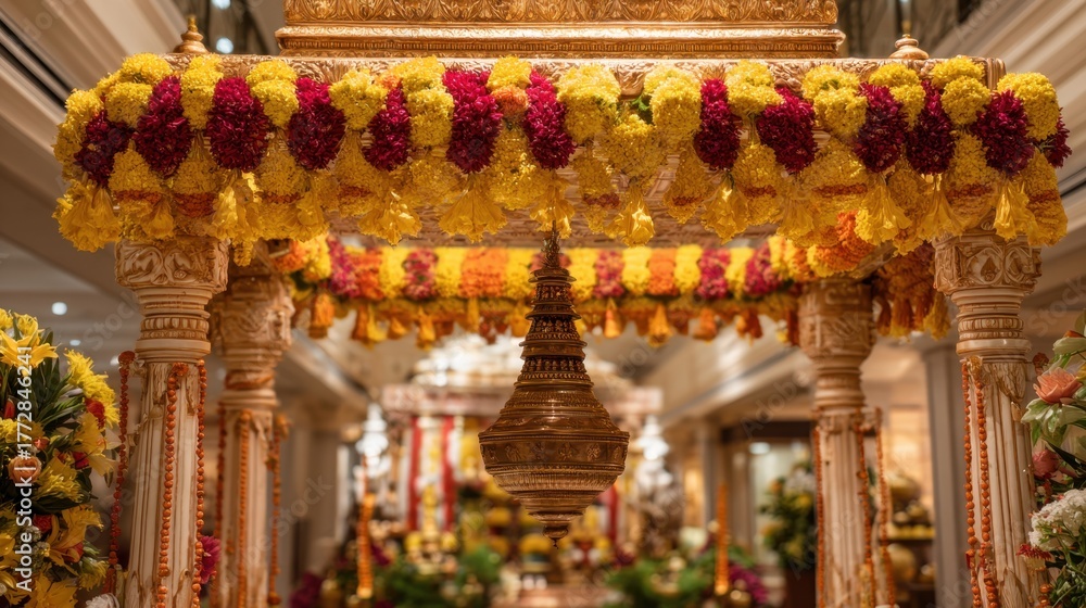 Fototapeta premium Colorful flowers hang gracefully in a ceremonial area creating a joyful atmosphere for the celebration.