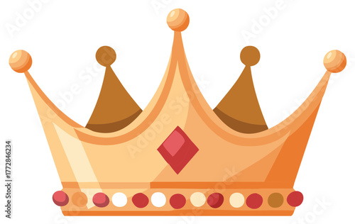 Golden crown with ruby gemstone and decorative beads. Luxury royal symbol of power and wealth for king or queen.