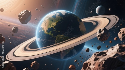 Digital illustration showing Earth with giant Saturn-like rings, surrounded by asteroid rocks in space