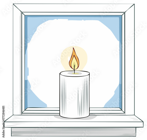 A single lit candle glows warmly on a windowsill in front of a window