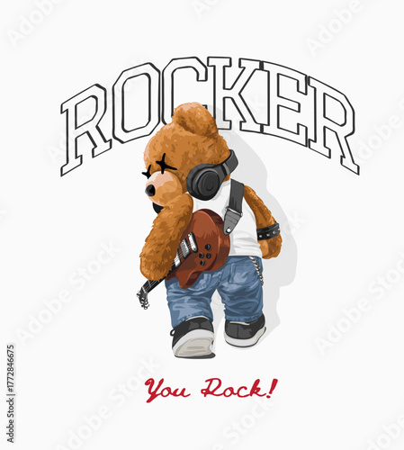 bear doll walking back and carrying guitar vector illustration - drawn by hand