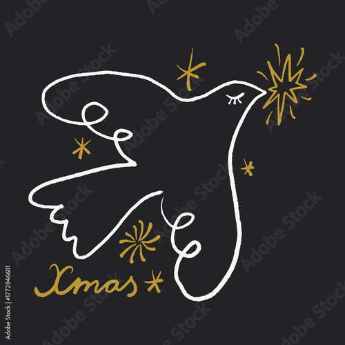 Boho lineal minimalist hand-drawn Christmas dove bird with Xmas lettering sweet cartoon nursery cute baby style print on white background, fairy tale editable file for kids, t-shirts and wear, posters