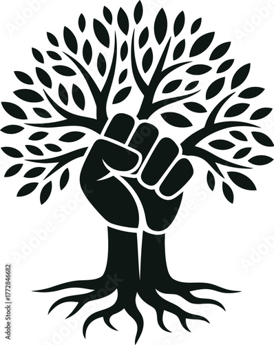 Powerful fist as tree trunk symbolizing strength growth and resilience united against adversity