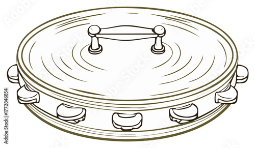 Outlined drawing of a tambourine musical instrument with a handle.