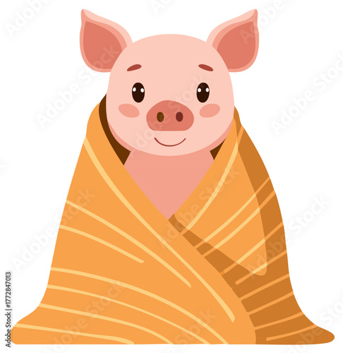 Cartoon piglet wrapped in cozy striped blanket smiling warmly happy adorable animal