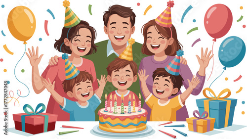 Birthday party celebration, cartoon family, happy children, birthday cake, candles, festive hats, balloons, presents, joyful moment, colorful decorations, fun