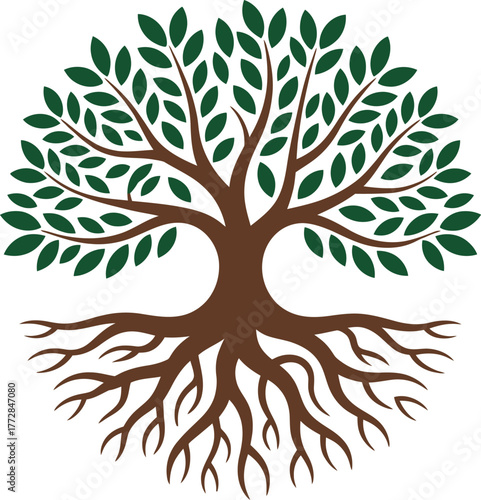 Symbolic tree of life with deep roots and lush green leaves circle emblem