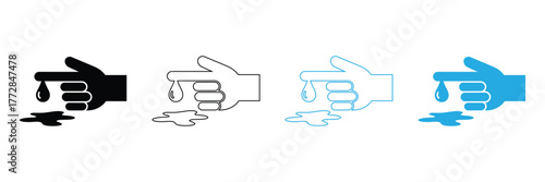 A graphic design showing a hand with liquid dripping from a finger, signifying danger, caution, or a medical emergency requiring first aid and immediate attention.