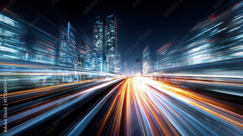 Fototapeta premium Streaks of light reflect the lively atmosphere of a modern city at night full of life and energy.