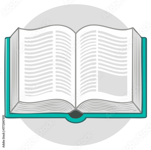 Open book illustration, stylized design, blank pages, teal hardcover, reading and writing concept, school and education theme