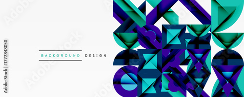 Abstract geometric shapes, vibrant blues, greens create modern background design. Minimalist style, clean lines present visual interest.