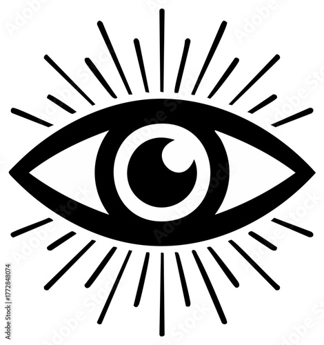 Stylized Eye Symbol with Sunburst Rays Black and White Graphic
