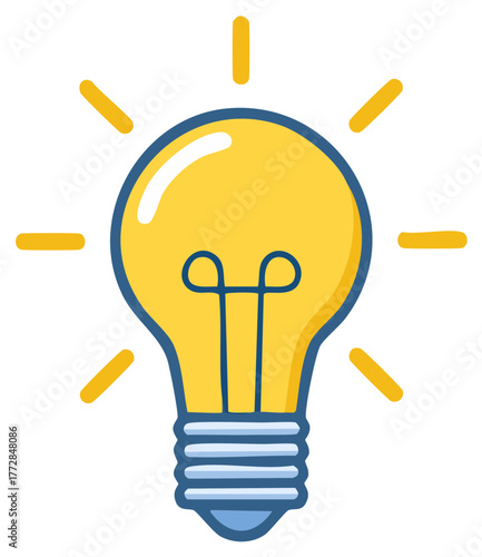 Bright yellow light bulb glowing with radiating yellow lines symbolizing a new idea or inspiration
