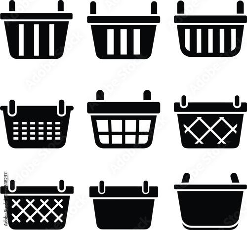 Set of nine shopping basket and container icons silhouette