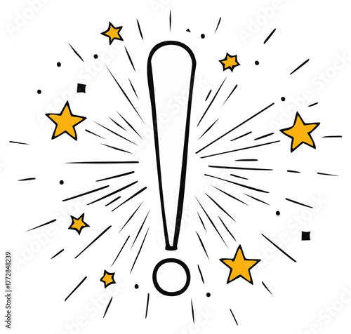 Exclamation mark illustration with stars and rays for attention and emphasis