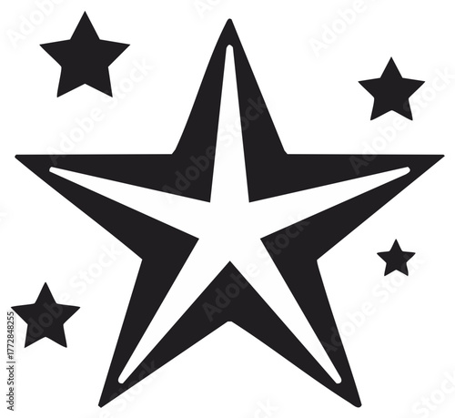 Stylized black and white graphic of a large star surrounded by smaller stars