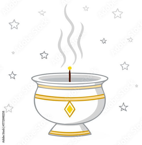 A white and gold decorated incense burner with smoke rising and stars scattered around