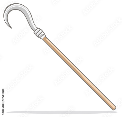 Long wooden staff with a curved metal hook, an isolated vector illustration of a shepherd's crook.