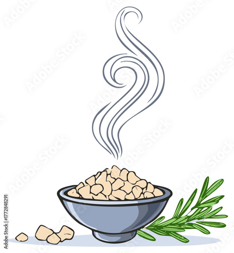 Illustration of steaming diced tofu in bowl with rosemary for healthy cooking and vegan cuisine