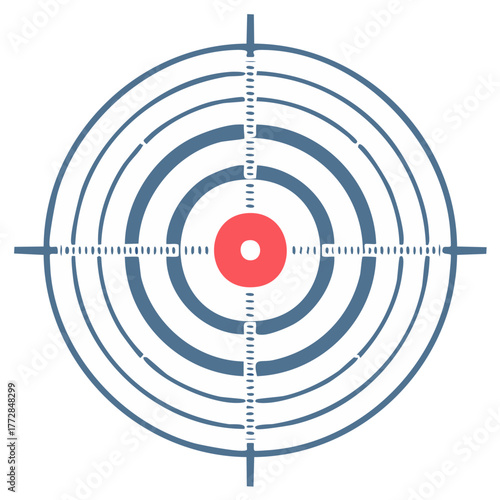 Target with red center and blue rings, flat design style illustration.