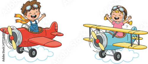 Cartoon children flying vintage airplanes, joyful kids in sky, playful aviation scene, clouds background, fun flight adventure, pilot illustration