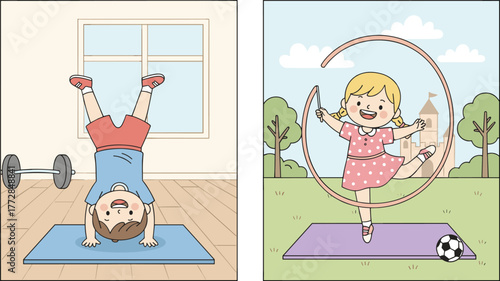Cartoon children exercising, indoor headstand, outdoor hula hoop, castle background, fitness activity, happy kids, colorful illustration, active lifestyle, playtime