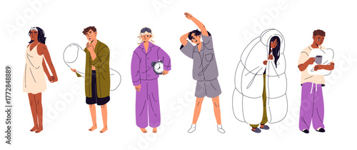Sleepy people wake up early set. Asleep men and women with blanket, alarm clock at the morning. Characters in pajamas are yawning, stretching. Flat isolated vector illustrations on white background.