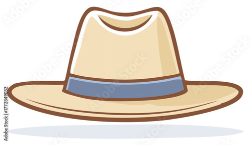 Classic beige fedora hat with a blue ribbon band, cartoon vector illustration