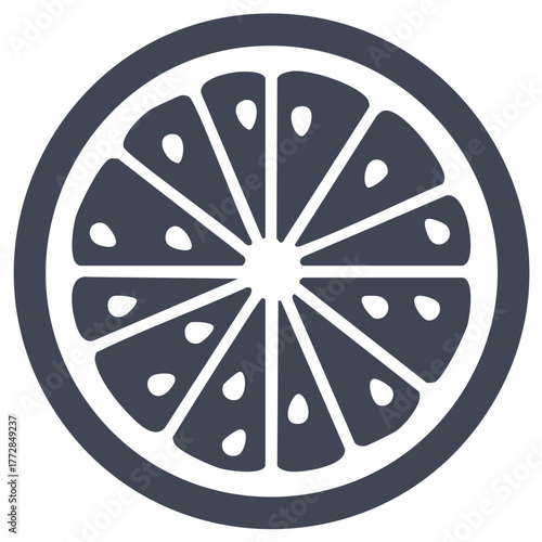 Minimalist citrus fruit slice icon showing segments and seeds in monochrome dark gray and white vector illustration
