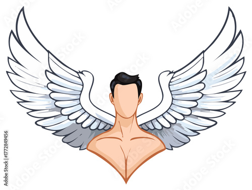 Winged Man Vector Illustration: Depicting Faceless Figure with Beautiful Feathery Wings in Artistic Design