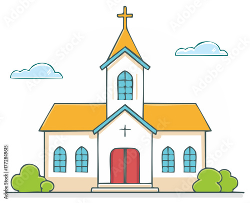 Simple Cartoon Illustration of a Christian Church with a Cross and Steeple