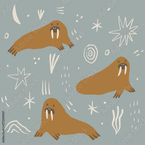 Nursery boho patterned sea cows walrus or morse animals in minimalistic Scandinavian style. Editable elements set, fairy tale little sweet childish characters. Night sky snowflakes pattern. Marine
